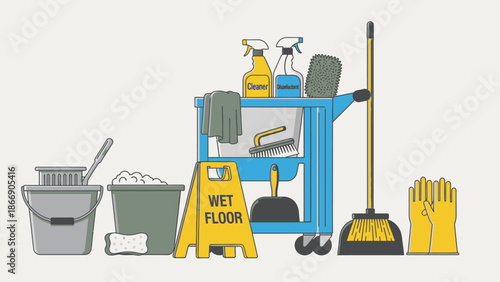 Cleaning Equipment Cart with Supplies and Wet Floor Sign