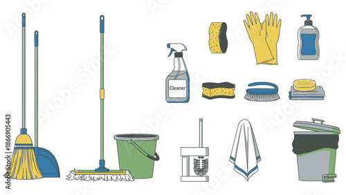 Cleaning supplies and equipment vector set
