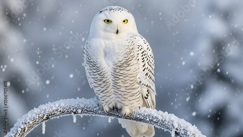 A snowy owl perches on a frosty branch during a snowfall in a serene winter landscape