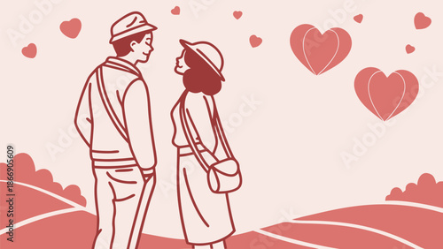 Couple sharing a romantic moment with hearts around them