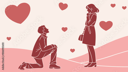Romantic proposal scene with hearts and loving couple