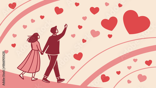 Couple walking hand in hand with hearts floating around