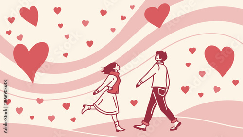 Couple walking hand in hand with hearts around them