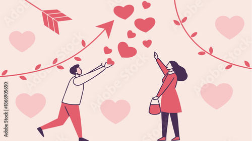 Couple celebrating love with hearts and Cupid's arrow in romantic scene