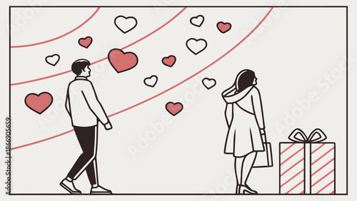 Couple in love with hearts and gift on romantic day