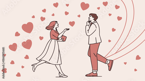 Couple in love with hearts around them walking together happily