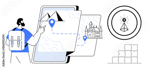 Navigation journey. Navigation through digital maps with a backpacker exploring marked destinations. Navigation tools highlight adventure and exploration. Ideal for travel, technology, digital maps