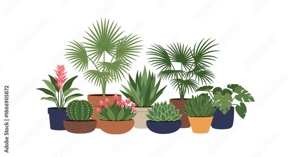Fototapeta premium A charming illustration of a diverse collection of potted houseplants, featuring lush green foliage, colorful flowers, and unique succulents and cacti.