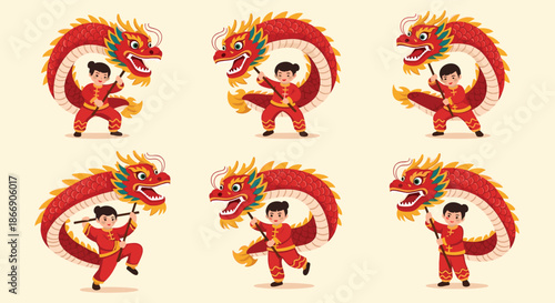 Children joyfully perform the vibrant dragon dance, a cherished tradition often seen during Lunar New Year celebrations, symbolizing good fortune.