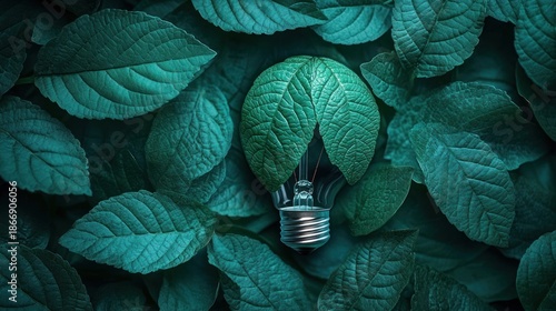 Lightbulb nestled in vibrant teal leaves
