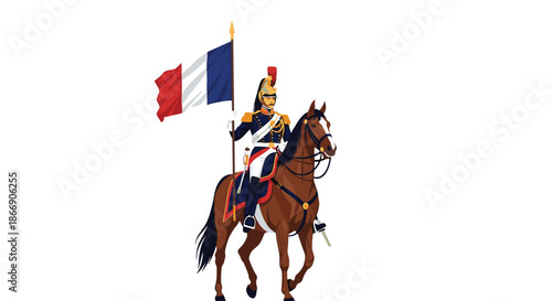 A French Napoleonic cavalry officer on horseback, proudly carrying the national tricolor flag, against a white background.
