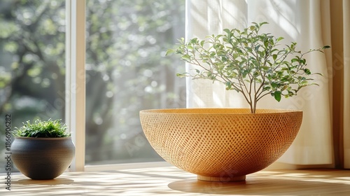 Light-filled room, a large, woven wooden bowl holds a small plant. A second small plant in a dark pot