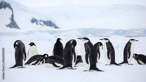Chinstrap Penguins Colony Standing on Snowy Antarctic Landscape