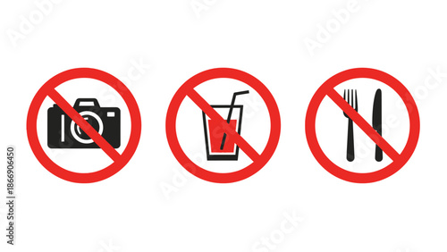 Prohibition signs: No food, drinks, photos