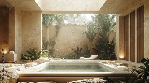 Light-filled spa, beige tones, tropical garden