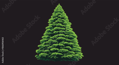 A vibrant green, stylized Christmas tree, resembling a spruce or fir, stands tall and full on a solid dark background, perfect for holiday designs.