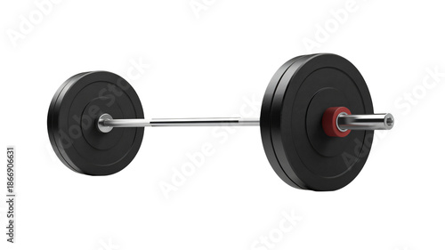 A weightlifting barbell with black weights and one red collar on a white background for fitness and exercise