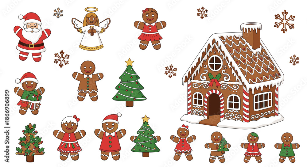 Fototapeta premium A festive collection of gingerbread characters, a house, Santa Claus, and an angel, set against a white background with snowflakes.