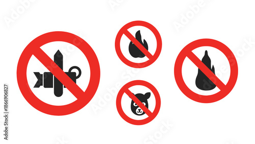 Prohibition signs: No fire, No pets, No camera