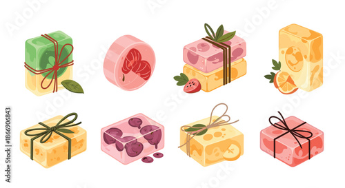 A collection of colorful artisanal soaps with natural fruit and botanical ingredients, beautifully crafted for personal care and relaxation.