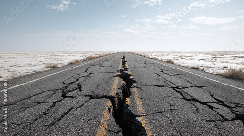 A cracked road stretches toward the horizon under a vast sky, symbolizing challenges or destruction