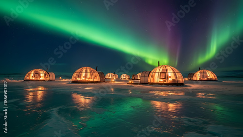 Glowing igloos on snowy landscape under vibrant green aurora borealis