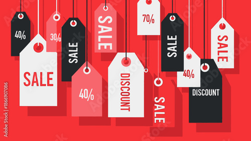 Sale Tags Hanging on Red Background