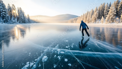 A person ice skating on a frozen lake surrounded by snow-covered trees and mountains