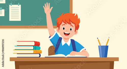 A happy elementary school student enthusiastically raises his hand during class, ready to answer a question or participate.