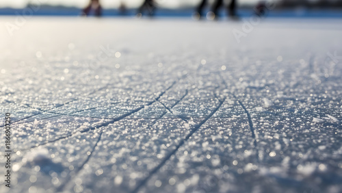 Ice Skating Rink Surface with Skate Marks and People in Background