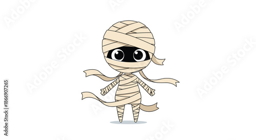 An adorable, chibi-style cartoon mummy stands wrapped in beige bandages, with big dark eyes, on a white background.