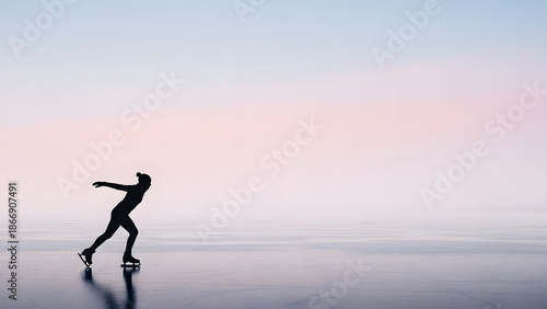 A person ice skating on a frozen lake during a serene winter sunset