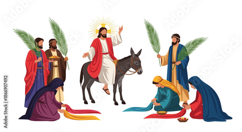 Jesus Christ's triumphal entry into Jerusalem on a donkey, surrounded by a celebratory crowd laying cloaks and waving palm branches.