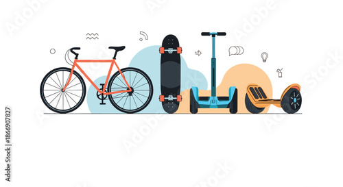A selection of popular personal mobility devices, including a bicycle, skateboard, self-balancing scooter, and hoverboard, in a modern flat illustration.