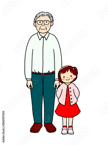 Smiling Grandfather and Granddaughter Standing Together, Cute Full Body Family Illustration.