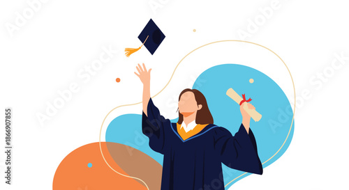 A cheerful female graduate celebrates her academic achievement in a cap and gown, joyfully tossing her graduation cap and holding a diploma.