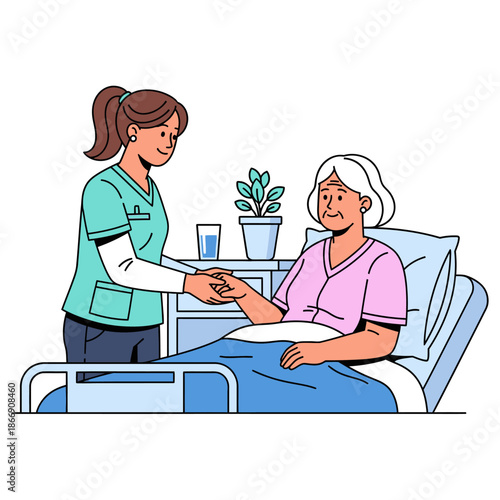 Nurse caring for elderly woman in hospital bed