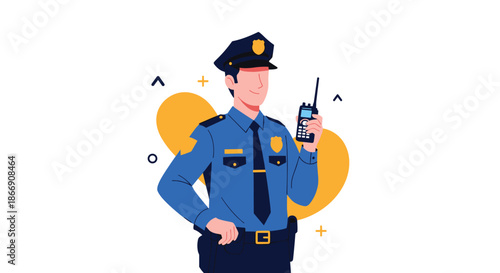 A friendly male police officer in a blue uniform holds a walkie-talkie, ready to communicate, with abstract shapes in the background.
