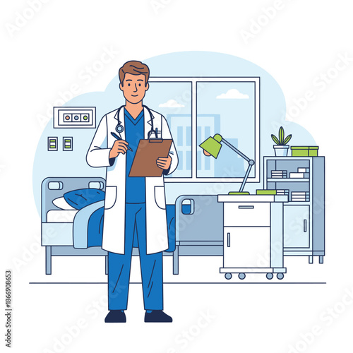 Doctor in Hospital Room Holding Clipboard