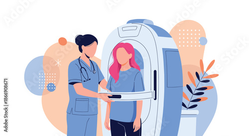A healthcare professional assists a female patient undergoing a medical imaging scan, utilizing advanced diagnostic technology in a clinic.