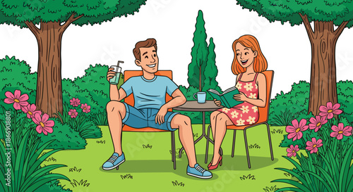 Cartoon Couple Enjoying Leisure Time in Garden | Man Drinking, Woman Reading | Relaxing Nature Scene Vector Art