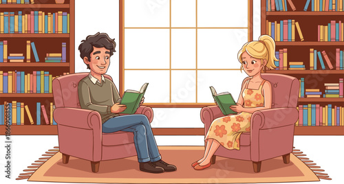 Cartoon couple reading books illustration, cozy indoor library scene, peaceful study time, bookshelf background, relaxing atmosphere, colorful vector art
