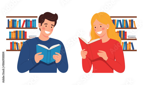 Man and Woman Reading Books Together with Joyful Literary Connection and Shared Imagination vector illustration