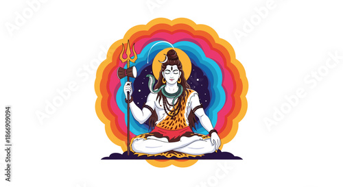 Artistic illustration of Lord Shiva meditating in a vibrant cosmic aura, adorned with a trishul, crescent moon, and cobra.