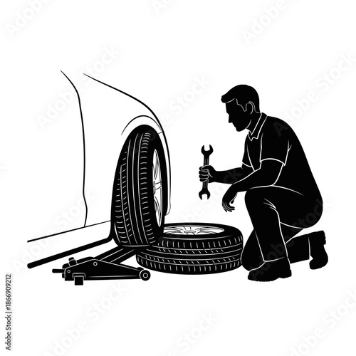 Mechanic changing a car tire with tools a detailed black and white illustration