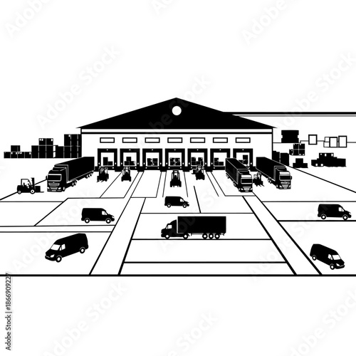 A black and white illustration of a large warehouse with delivery trucks