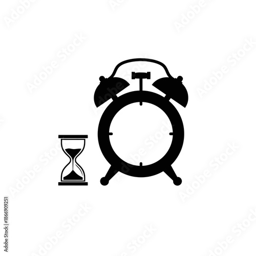 A symbolic representation of time featuring a classic alarm clock and hourglass