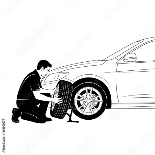 A man is changing a car tire on the side of the road