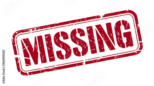 Red rubber stamp with missing text on white background for lost or absent items