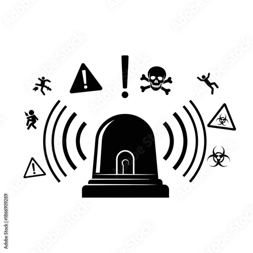 Black siren alarm with warning symbols radiating outward signaling danger